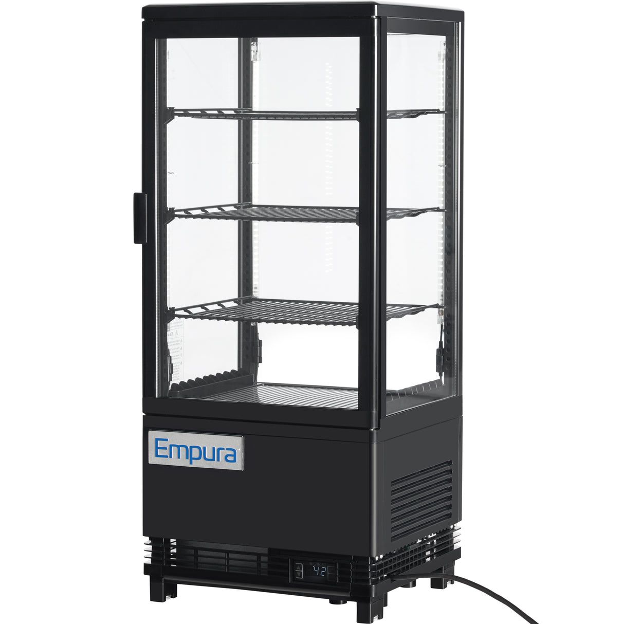 A black, upright Empura Refrigeration display case with glass sides and door, three adjustable wire shelves, and an Empura logo on the front. This refrigerated display case features a visible digital temperature display and convenient countertop design.