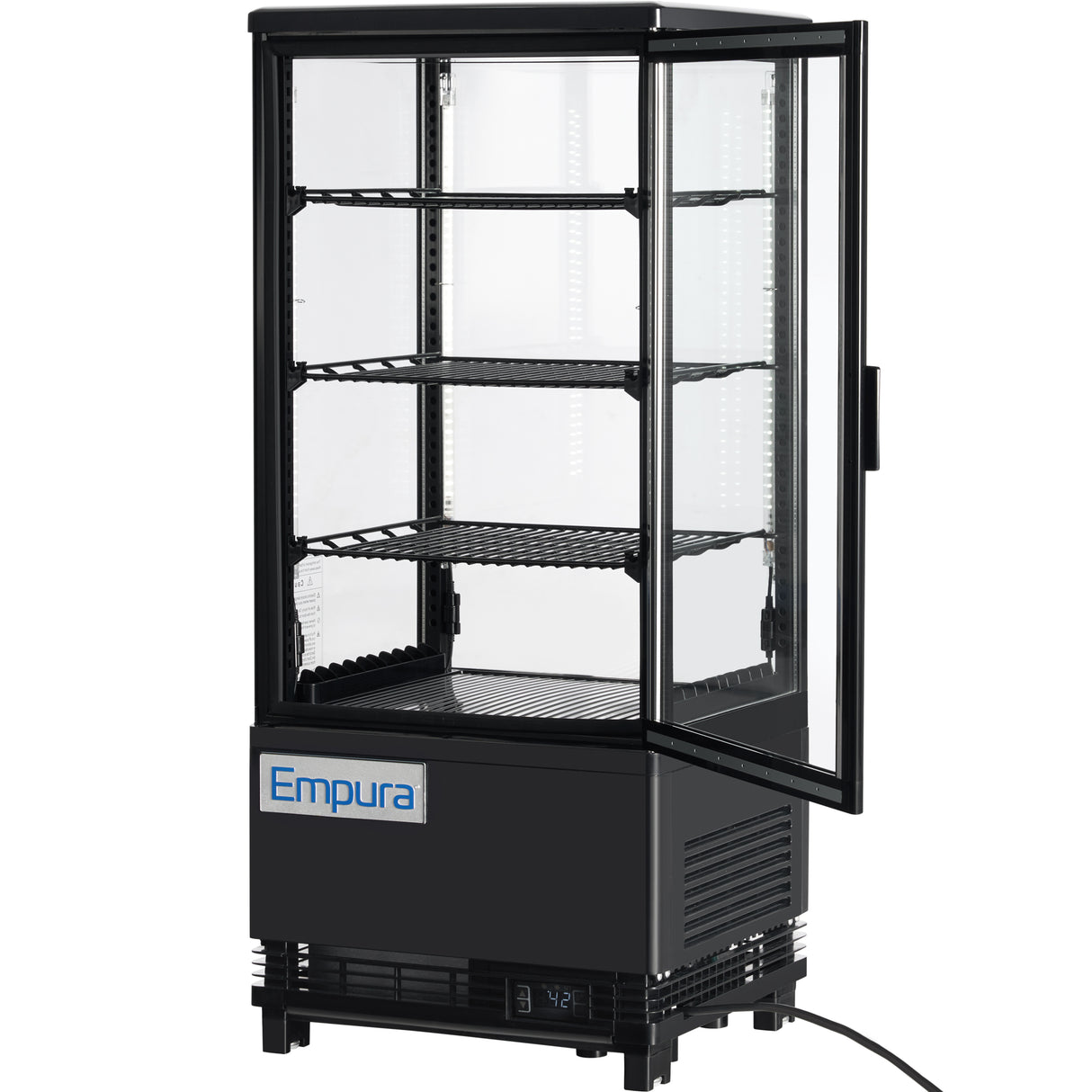 A black Empura Refrigeration countertop display refrigerator with a glass door open, three adjustable wire shelves, interior lighting, and a digital temperature display at the bottom. Transparent sides reveal the empty refrigerated display case inside.