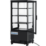 A black Empura Refrigeration countertop display refrigerator with a glass door open, three adjustable wire shelves, interior lighting, and a digital temperature display at the bottom. Transparent sides reveal the empty refrigerated display case inside.