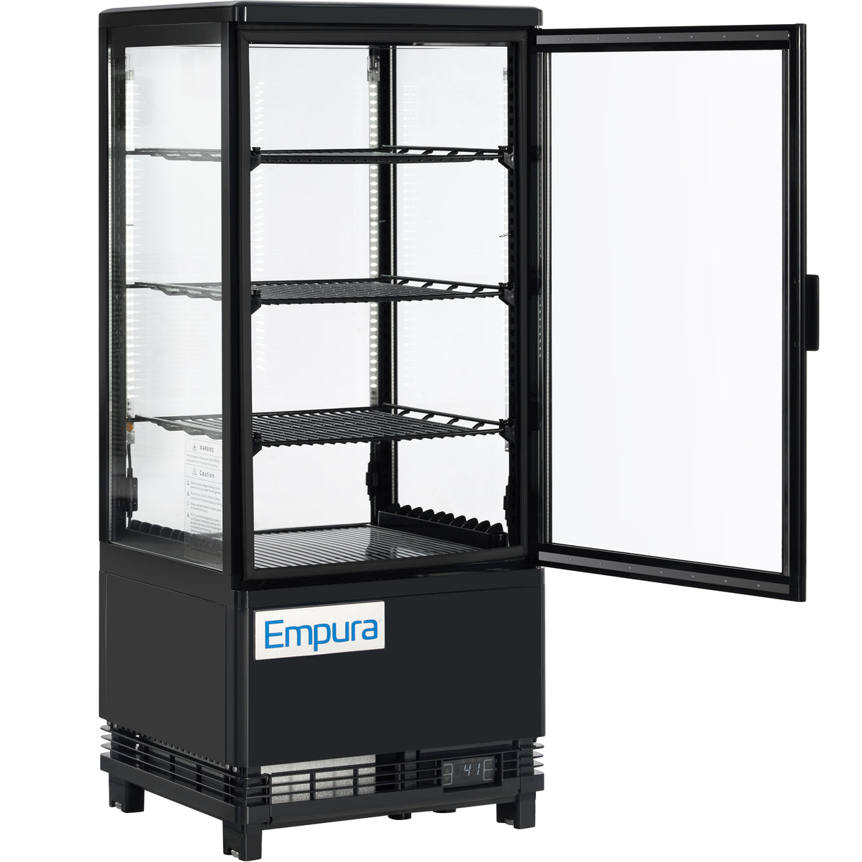 A black Empura Refrigeration display refrigerator stands with its glass door open, revealing four wire shelves inside. This countertop refrigerated display case features a transparent front and sides, digital temperature display, and the Empura logo on the panel.