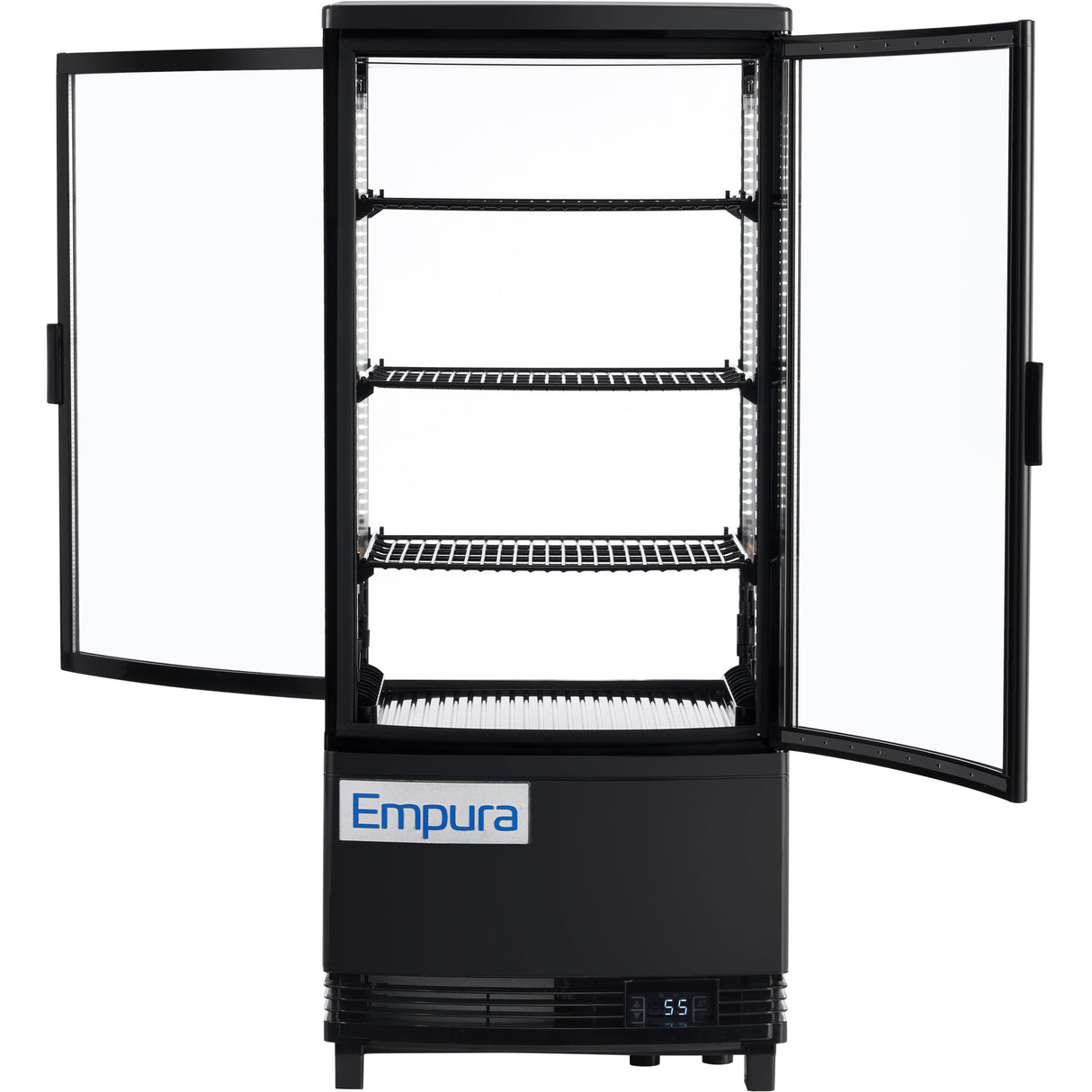 A black Empura E-RDC-17B-2D countertop display refrigerator with glass doors open, revealing three empty wire shelves inside. The front features a digital temperature display and Empura logo label. The background is plain white.