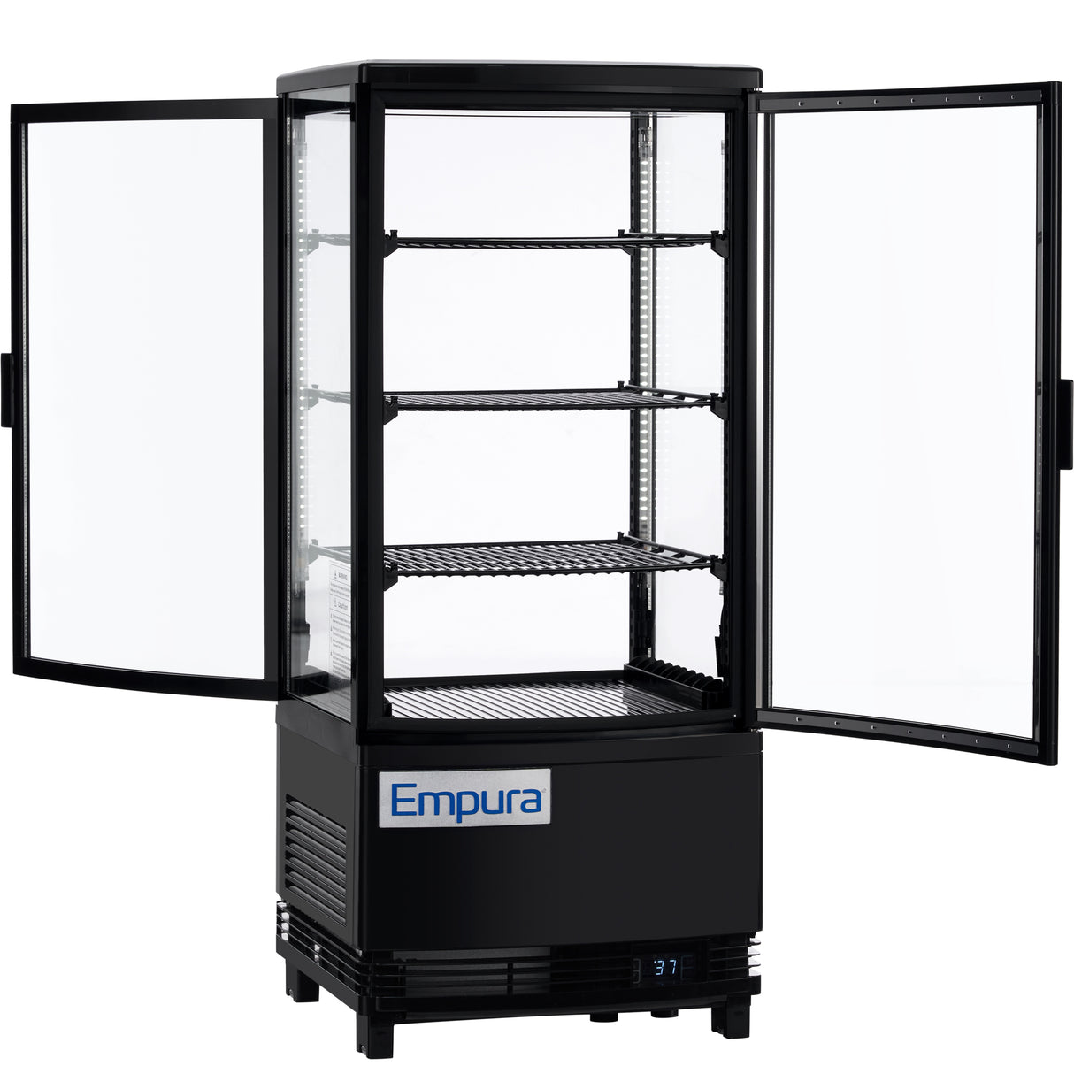 A commercial Empura E-RDC-17B-2D refrigerated display case with two glass doors open, revealing three wire shelves inside. This black countertop display refrigerator features a white Empura logo and digital display screen at the bottom. The fridge is empty.