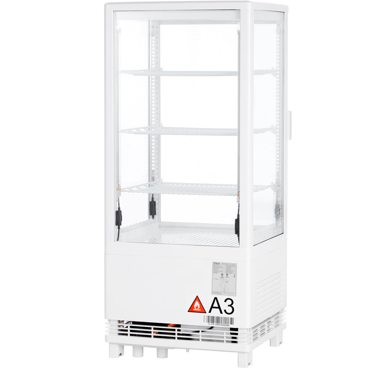 A white, upright refrigerated display case with glass panels on all sides, three adjustable wire shelves, and a vented base. A warning label marked A3 and a caution symbol are visible on the lower front panel. The fridge is empty.