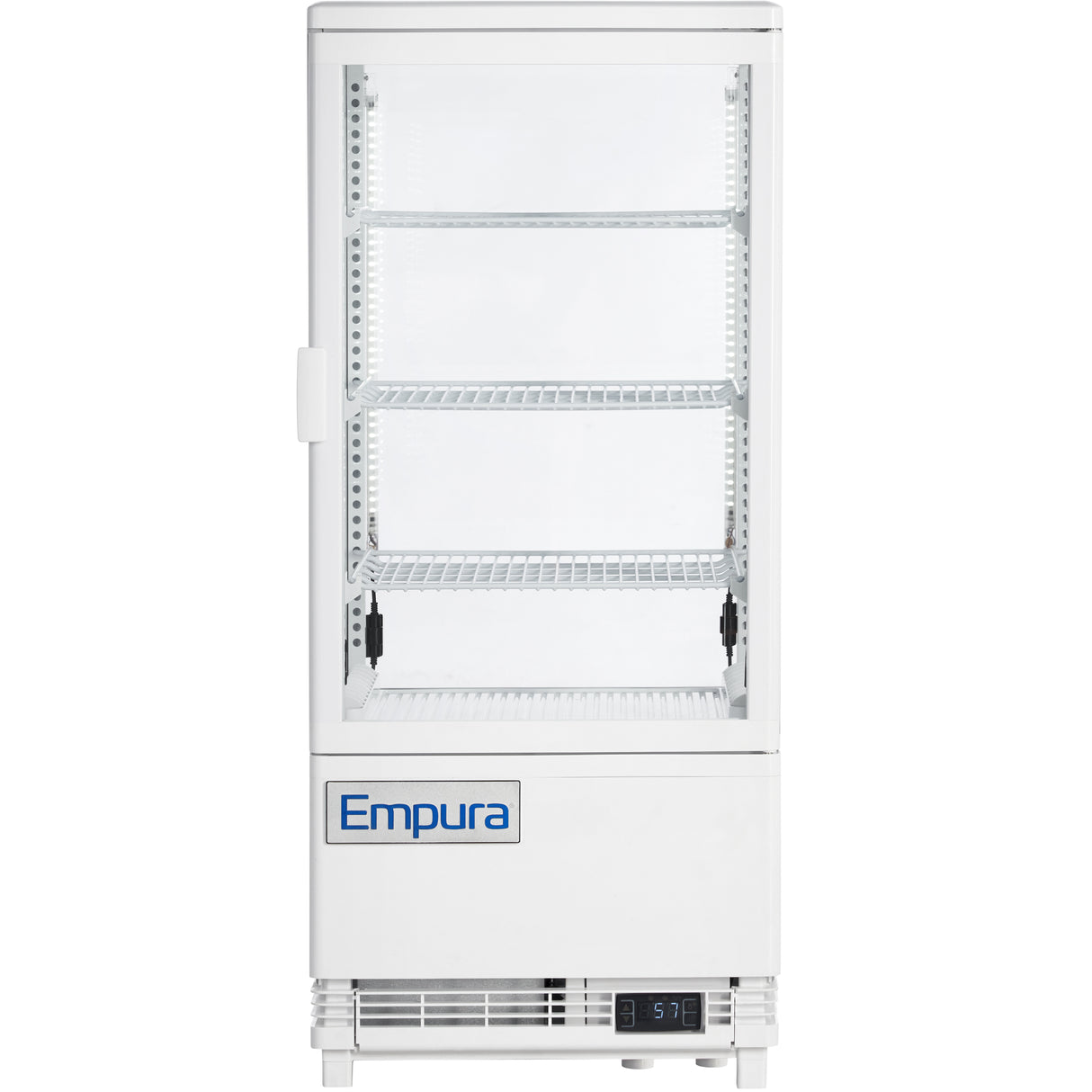 A white Empura refrigeration display refrigerator with a glass door, three empty wire shelves, an interior light, digital temperature display at the bottom, and a handle on the left side offers a sleek refrigerated display case for any commercial space.