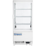 A white Empura refrigeration display refrigerator with a glass door, three empty wire shelves, an interior light, digital temperature display at the bottom, and a handle on the left side offers a sleek refrigerated display case for any commercial space.