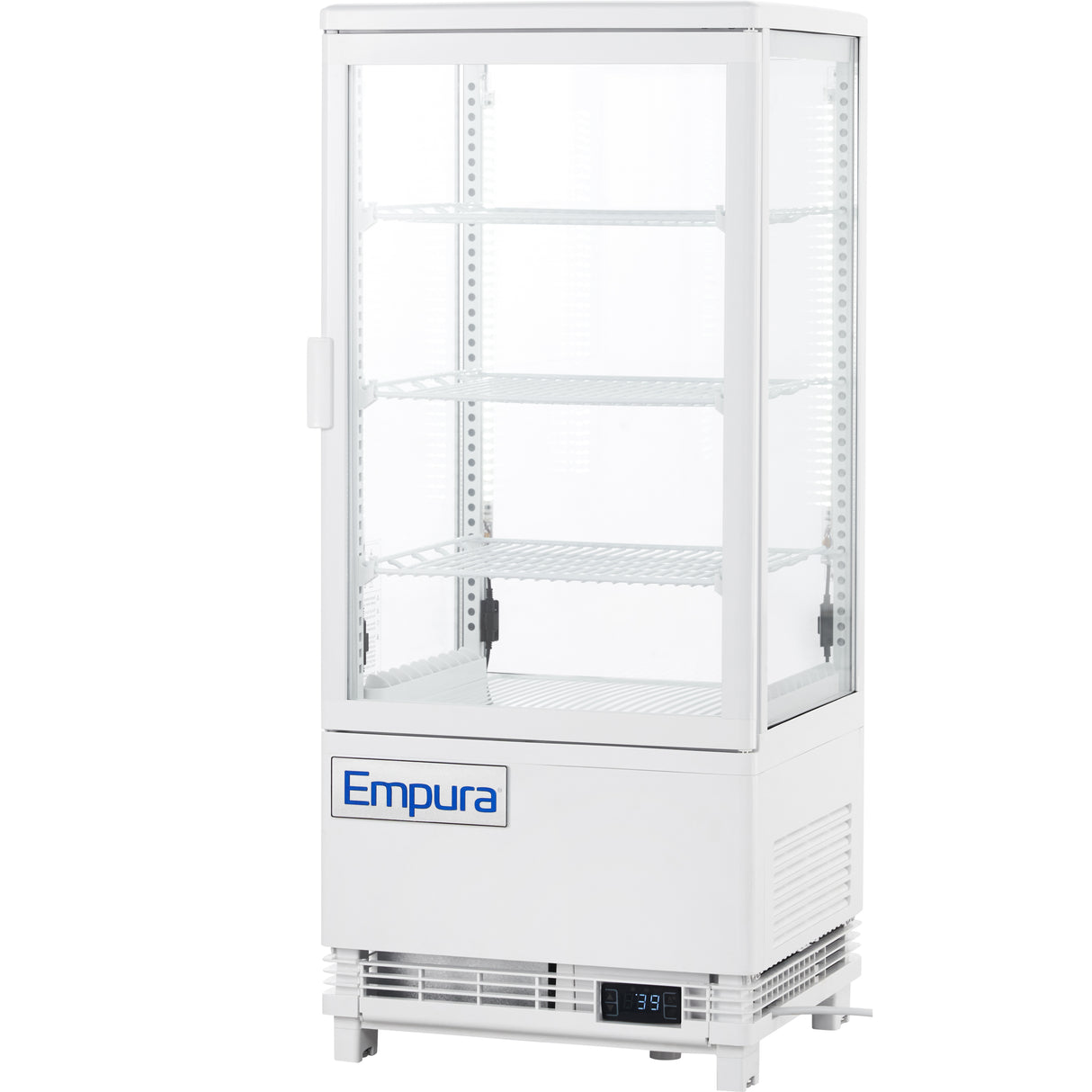 A white Empura refrigeration countertop display refrigerator with glass sides and door, three wire shelves, and a digital temperature display near the base showing 3.9°C. The refrigerated display case stands on small feet and is empty.