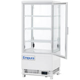 A white, upright Empura Refrigeration display refrigerator with glass sides and door. The door is open, revealing three adjustable wire shelves inside this countertop display case. A digital temperature display at the bottom shows 39°F.