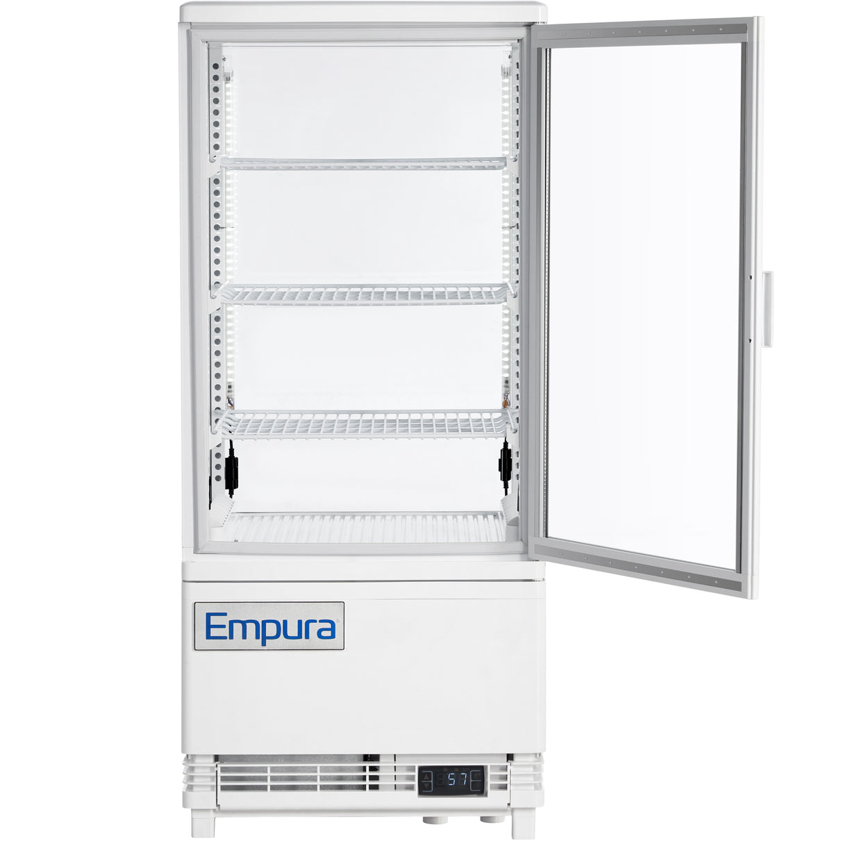 A white Empura commercial refrigerated display case features a glass door that opens to the right. Inside, three adjustable wire shelves are visible. The base has a vent, digital temperature display, and the Empura refrigeration logo on the front panel.
