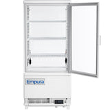 A white Empura commercial refrigerated display case features a glass door that opens to the right. Inside, three adjustable wire shelves are visible. The base has a vent, digital temperature display, and the Empura refrigeration logo on the front panel.