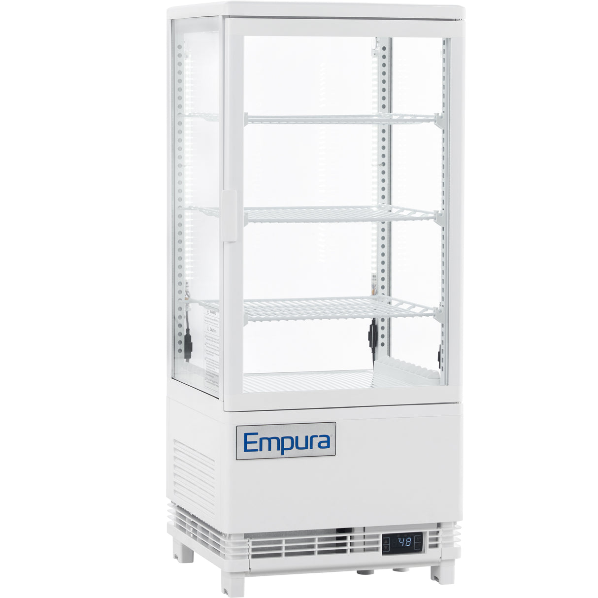 A white Empura countertop display refrigerator with a glass door and three adjustable wire shelves. Featuring Empura refrigeration, this see-through refrigerated display case has a digital temperature display and a vented base for optimal showcasing.