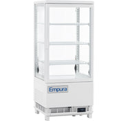 A white Empura countertop display refrigerator with a glass door and three adjustable wire shelves. Featuring Empura refrigeration, this see-through refrigerated display case has a digital temperature display and a vented base for optimal showcasing.