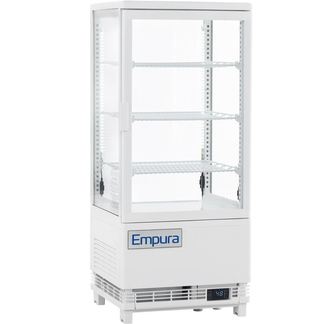 A white Empura countertop display refrigerator with a glass door and three adjustable wire shelves. Featuring Empura refrigeration, this see-through refrigerated display case has a digital temperature display and a vented base for optimal showcasing.