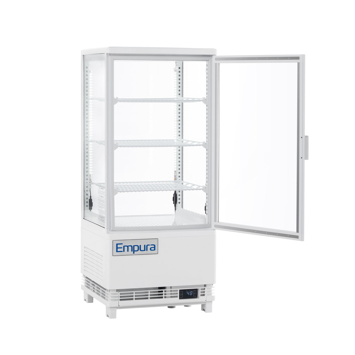 A white Empura refrigeration display case with four wire shelves, a glass door open to the right, and a digital temperature display at the bottom front. This refrigerated display case is empty and well-lit inside.