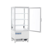 A white Empura refrigeration display case with four wire shelves, a glass door open to the right, and a digital temperature display at the bottom front. This refrigerated display case is empty and well-lit inside.