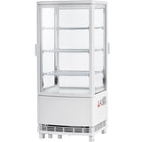 A tall, rectangular, white refrigerated display case with glass panels on all sides features three adjustable wire shelves and a vented base. Warning stickers are visible on the lower right front. The Empura refrigeration unit stands on short legs and is empty inside.