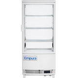 A white, upright Empura refrigeration display case with four wire shelves, glass front and sides, and the Empura brand name on the bottom panel. This refrigerated display case is empty and sits on small metal legs.
