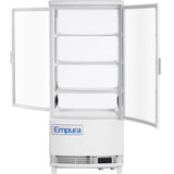 A white, upright Empura refrigeration display case with glass doors open on each side. Inside, it has four empty wire shelves. The refrigerated display case features a digital display near the bottom and a plain white background.