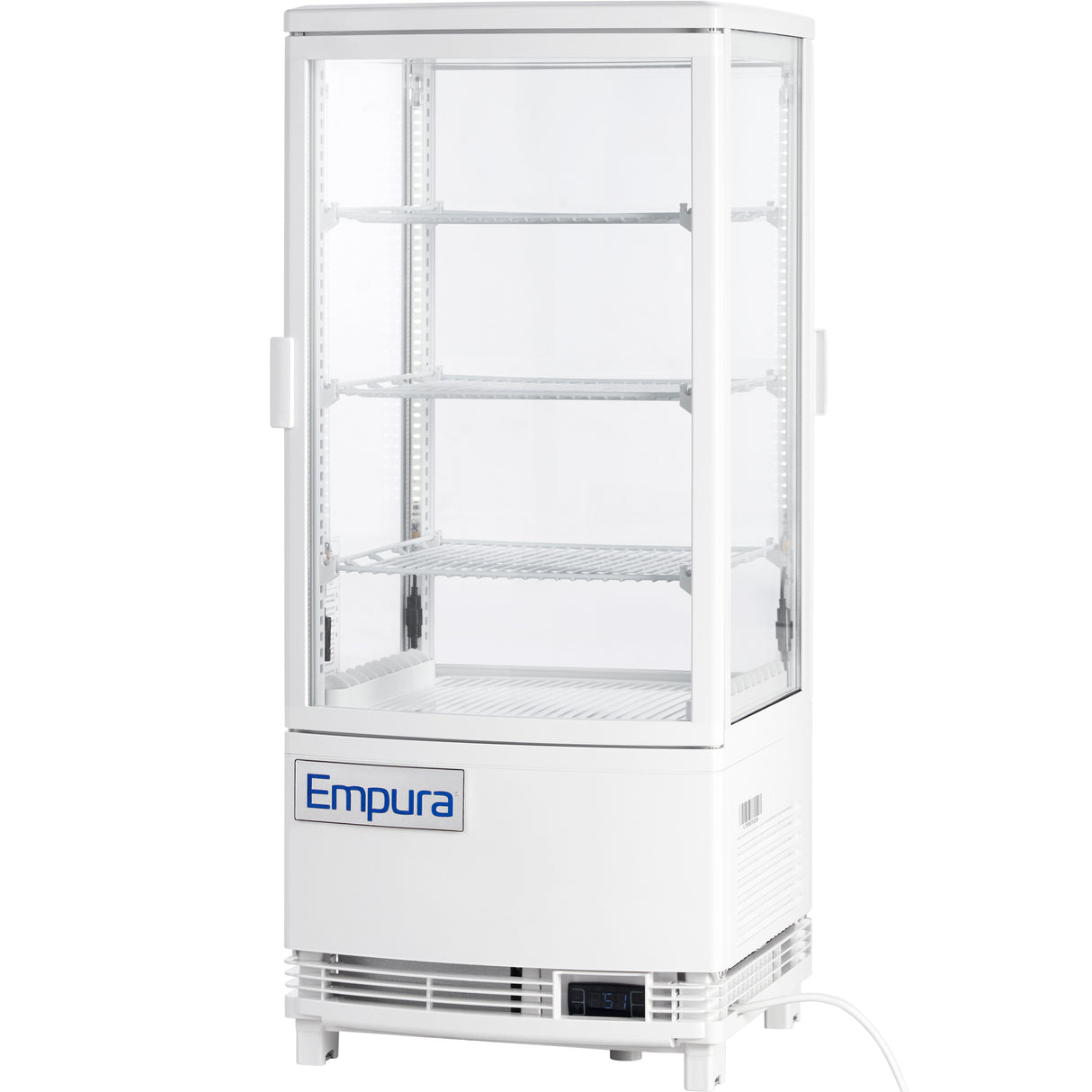 A white Empura refrigeration countertop display case with glass sides, front, and shelves. The brand name “Empura” is on the lower front panel. It features ventilation grilles and an electronic control display at the bottom right. Empty and plugged in.
