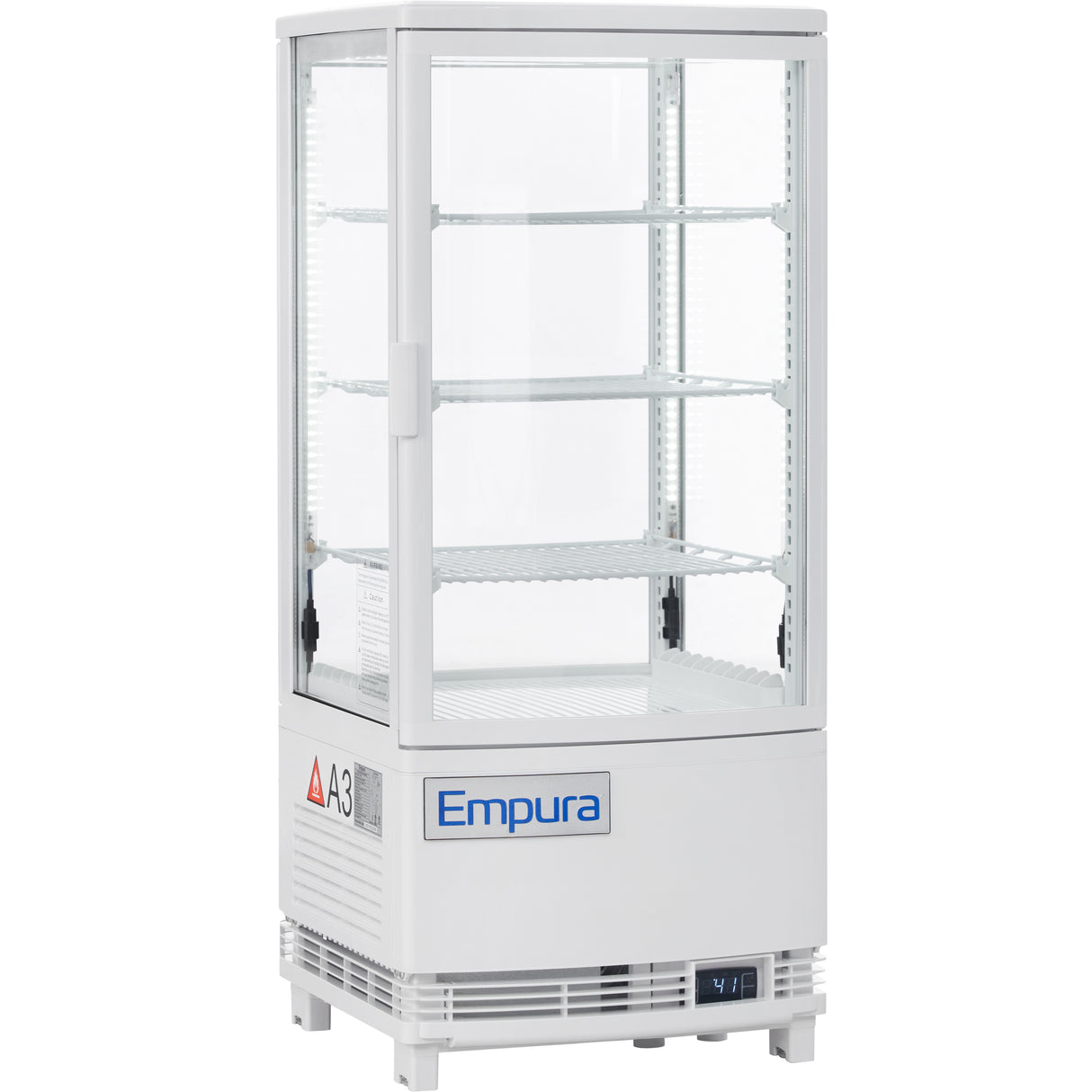 A white Empura E-RDC-17W-2D countertop display refrigerator with four glass sides, three interior shelves, and a clear door. This refrigerated display case features vents, control buttons, and warning labels on the empty, clean unit.