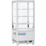 A white Empura E-RDC-17W-2D countertop display refrigerator with four glass sides, three interior shelves, and a clear door. This refrigerated display case features vents, control buttons, and warning labels on the empty, clean unit.