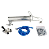 A stainless steel beer infuser with a handle, keg tap, and lid, accompanied by a blue hose, valve attachment, and a clear plastic bag of fittings and gaskets—all arranged on a white background.