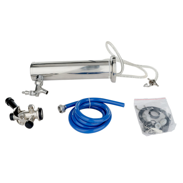 A stainless steel beer infuser with a handle, keg tap, and lid, accompanied by a blue hose, valve attachment, and a clear plastic bag of fittings and gaskets—all arranged on a white background.