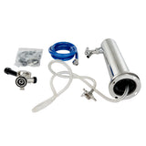 A shiny stainless steel draft beer dispensing tower keg coupler kit with a cylindrical container, blue and clear hoses, single faucet, keg tap, and a bag of small accessories, all laid out on a white background.