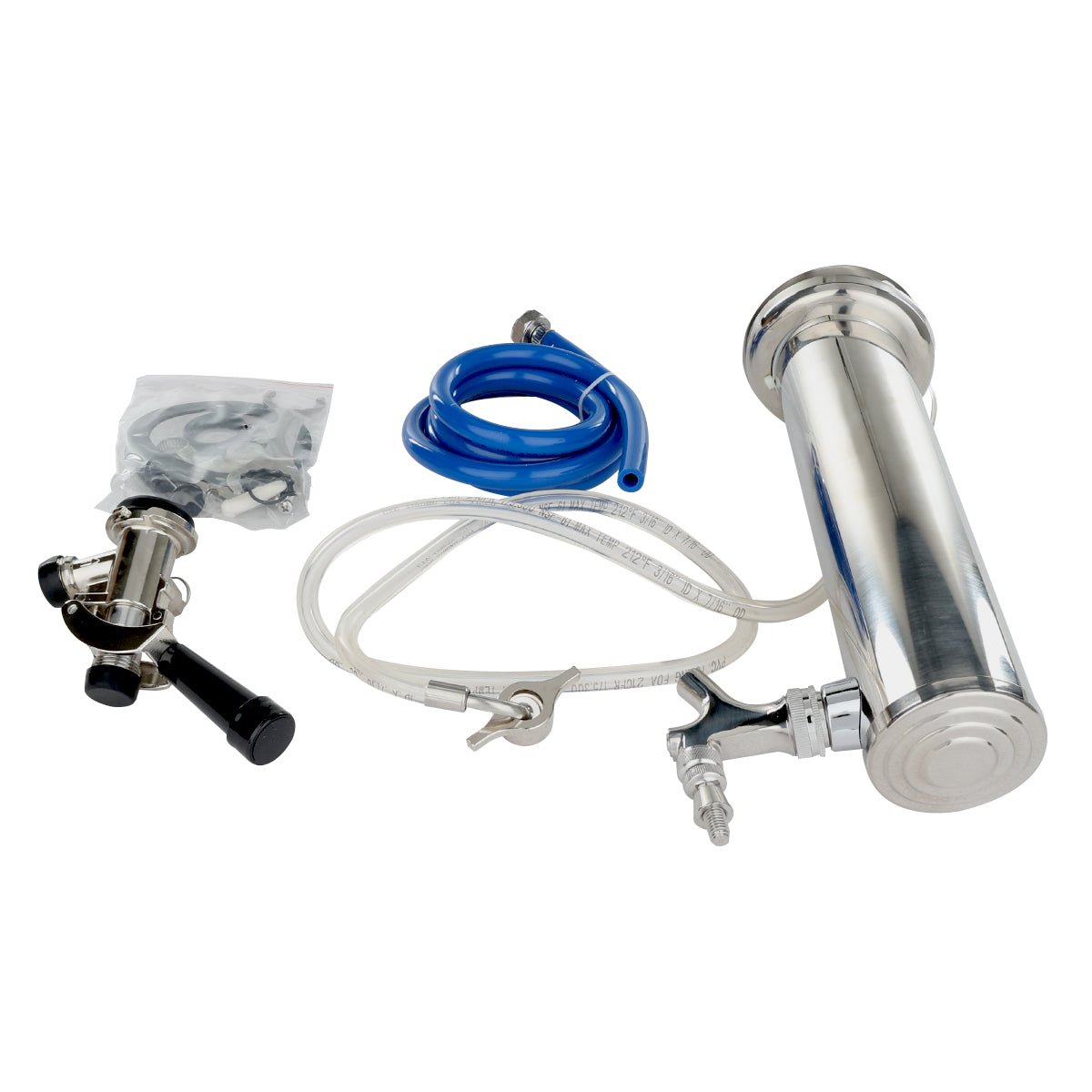 A stainless steel hop infuser cylinder with attached clear tubing and metal fittings, a blue flexible hose, and a sealed plastic bag of small black and silver parts—ideal for use with a single faucet draft beer dispensing tower—are arranged on a white background.