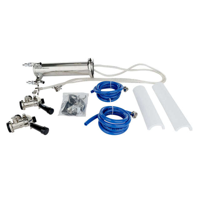 A stainless steel draft beer keg coupler kit for a double faucet beer tower, featuring two tap handles, blue hoses, metal connectors, small parts, and two white foam insulation sleeves—all laid out on a white background.