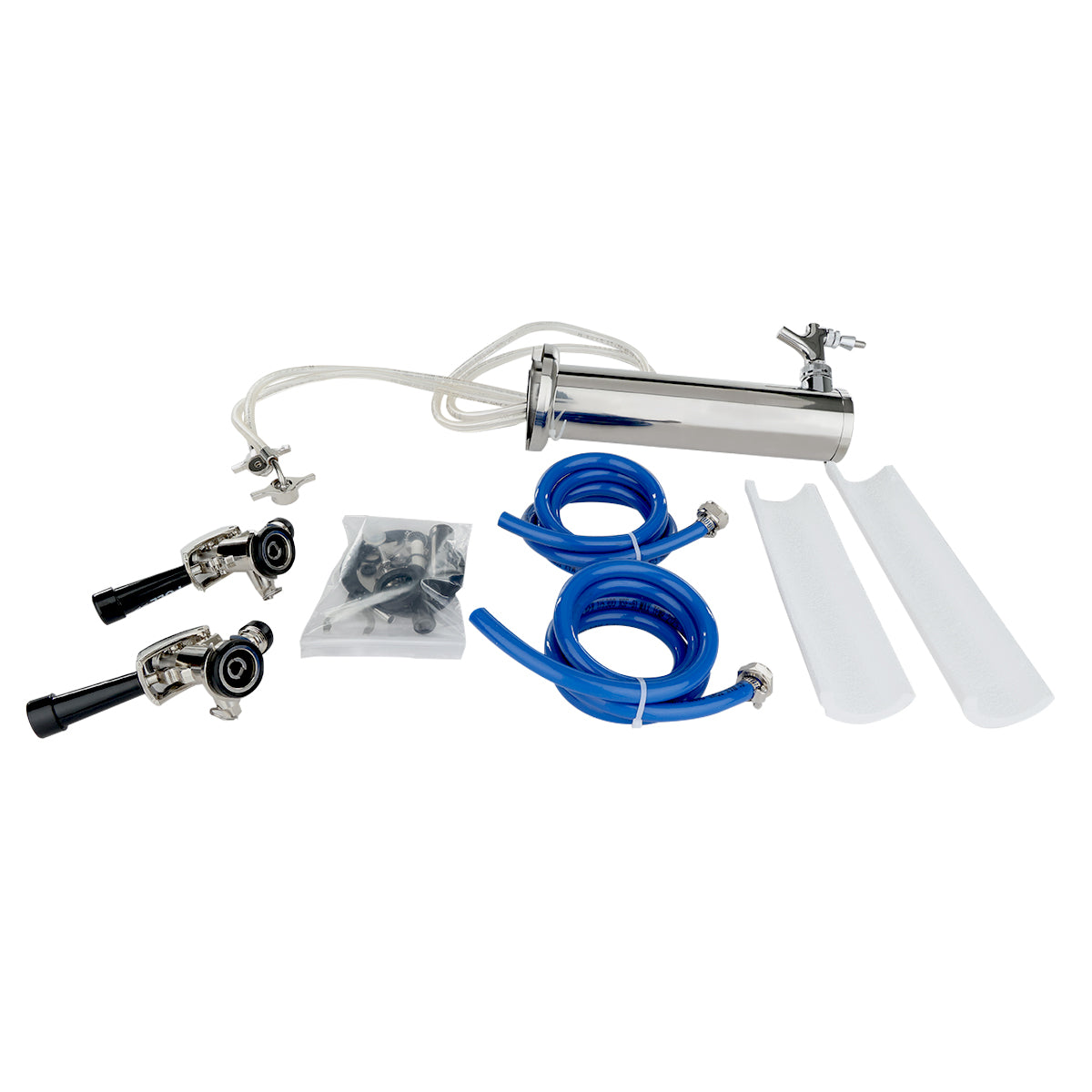 A set of draft beer equipment on a white background, featuring a stainless steel double faucet beer tower, two blue hoses, keg tap accessories, two metal tap faucets, a bag of small black parts, and two white cylindrical foam sleeves.