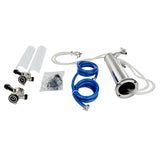 A stainless steel beer filtration system kit with two filter housings, fittings, connectors, blue and clear hoses, and various small parts—perfect for keg tap or double faucet beer tower setups. All components are organized and clearly visible on a white background.