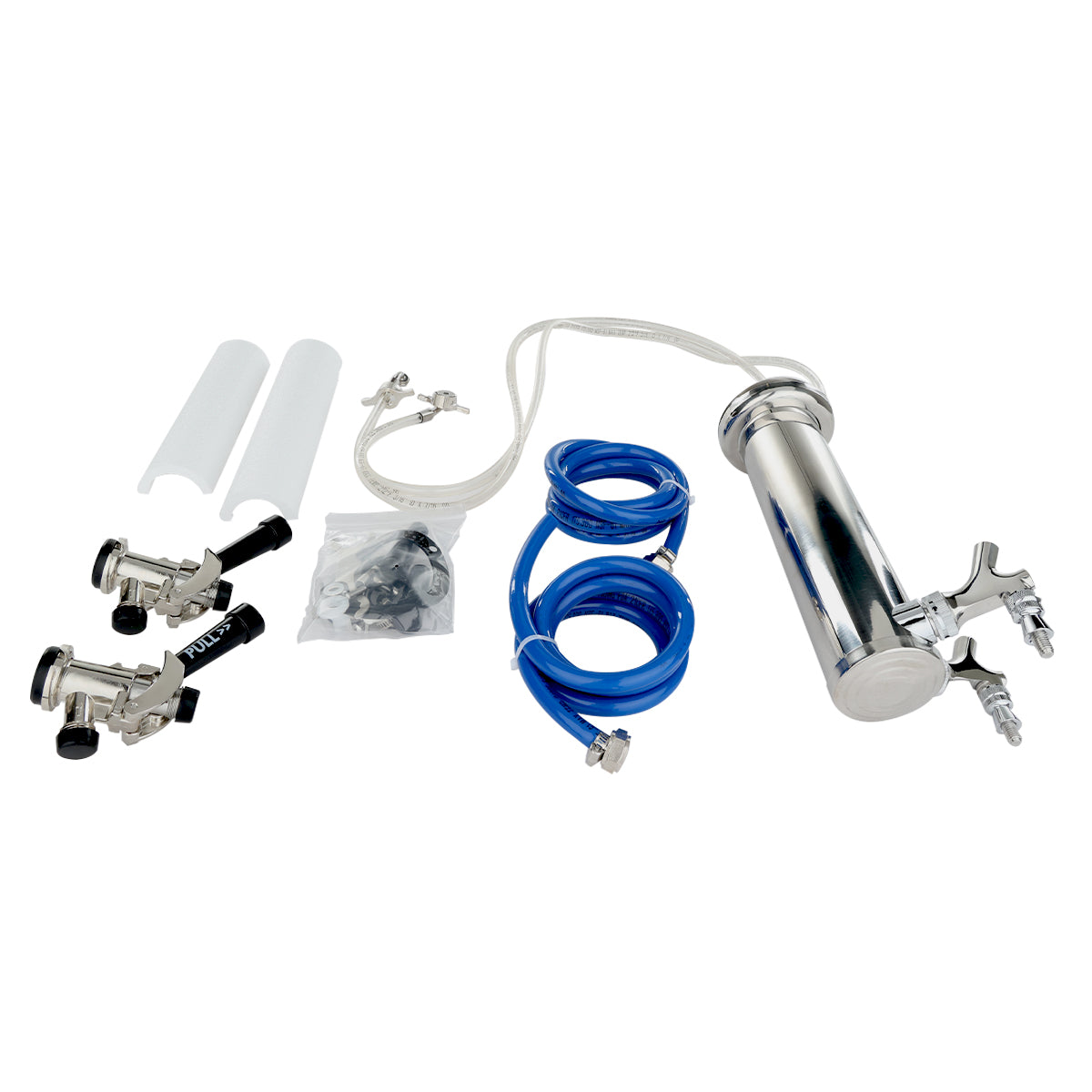 A home draft beer dispensing tower kit featuring a chrome keg tap, double faucet beer tower, two blue hoses, two white cylindrical sleeves, two couplers with black handles, and a bag of small black fittings on a white background.