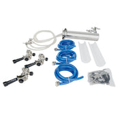 A beer line cleaning kit compatible with triple faucet beer towers, featuring a metal pump, two clear and two blue coiled hoses, “PULL” labeled black faucet disconnects, metal connectors, tube covers, and small parts—arranged on a white background.