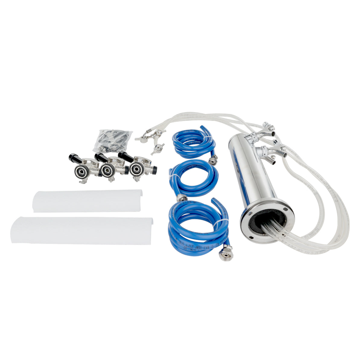 A stainless steel draft beer tower with a triple faucet features two white tubes, three black tap handles, blue hoses, clear beverage lines, and connectors, all laid out on a white background. The keg tap has hoses attached to one end.