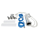 A stainless steel draft beer tower with a triple faucet features two white tubes, three black tap handles, blue hoses, clear beverage lines, and connectors, all laid out on a white background. The keg tap has hoses attached to one end.