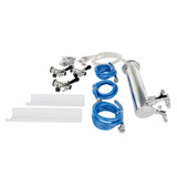 A stainless steel counterflow chiller, ideal for use with a triple faucet beer tower or draft beer dispensing tower, features two hose connections, coiled blue hoses, mounting brackets, clamps, and fittings—all new and displayed on a white background.