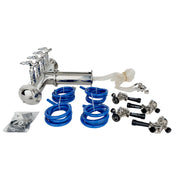 A stainless steel Empura E-KDD draft beer dispensing tower manifold system with multiple valves, coiled blue hoses, clear tubing, metal connectors, four black keg couplers labeled FULLY, and a small bag of hardware parts on a white background.