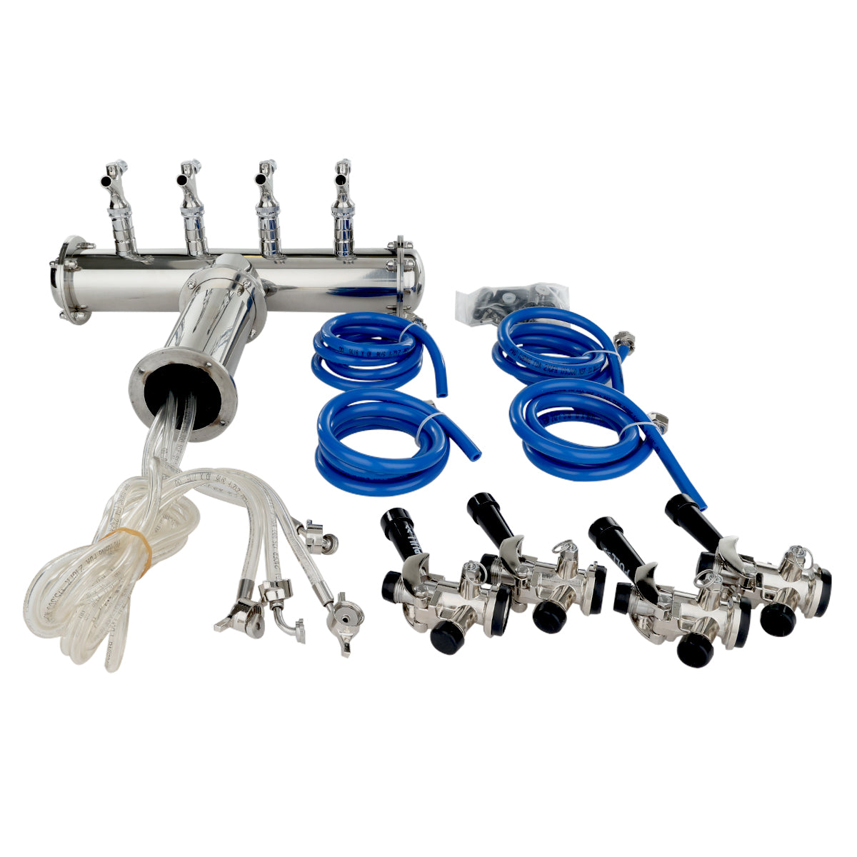 A stainless steel beer line cleaning system kit, compatible with Empura E-KDD and draft beer dispensing tower setups, featuring multiple connectors, clear tubing, blue hoses, metal clamps, and faucet attachments arranged on a white background.