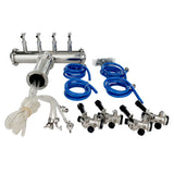 A stainless steel beer line cleaning system kit, compatible with Empura E-KDD and draft beer dispensing tower setups, featuring multiple connectors, clear tubing, blue hoses, metal clamps, and faucet attachments arranged on a white background.
