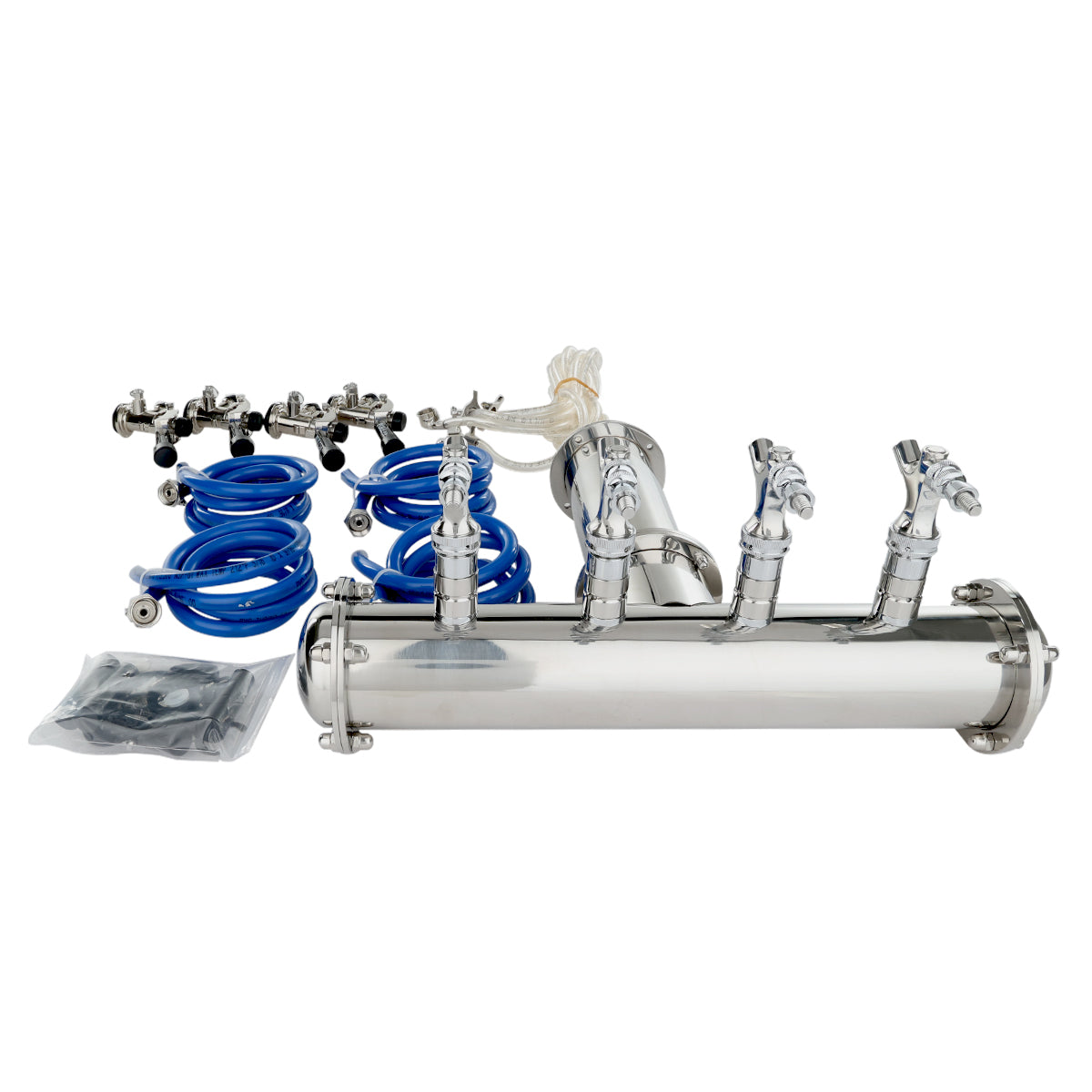 A stainless steel Empura E-KDD draft beer dispensing tower with four taps, blue tubing, connectors, and a set of fittings and hardware components are arranged on a white background.
