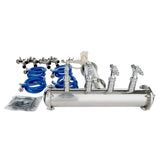 A stainless steel Empura E-KDD draft beer dispensing tower with four taps, blue tubing, connectors, and a set of fittings and hardware components are arranged on a white background.