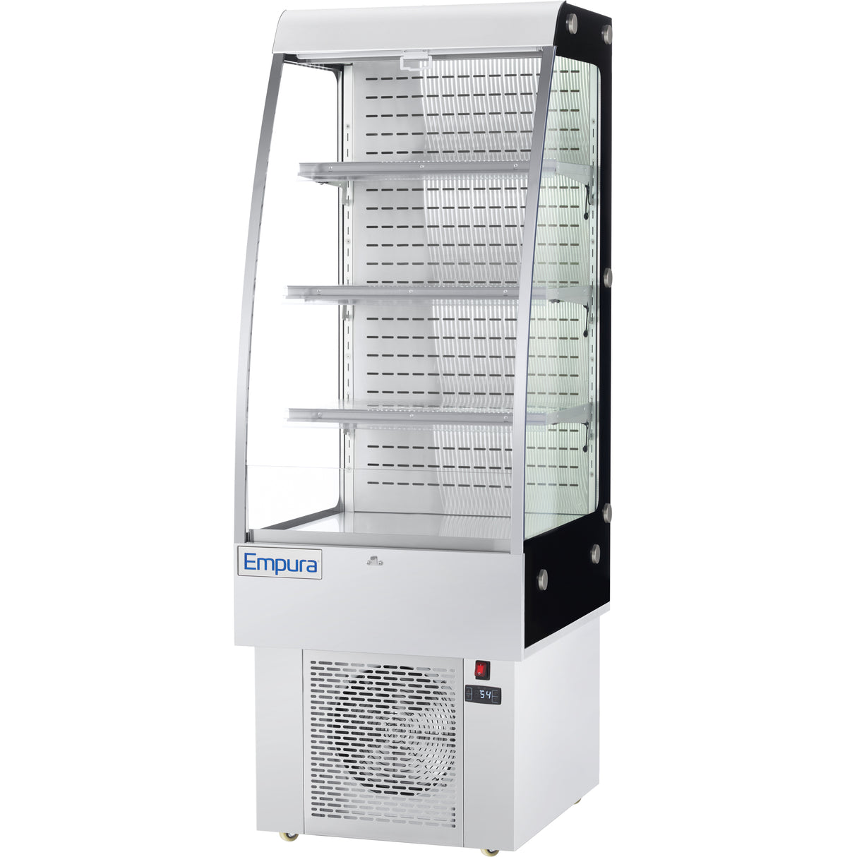 A commercial Empura Refrigeration open-air merchandiser display case with four wire shelves, a vented cooling unit at the bottom, glass sides, a clear front, and a white base. The control panel and brand name Empura are visible on the front.