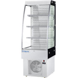 A commercial Empura Refrigeration open-air merchandiser display case with four wire shelves, a vented cooling unit at the bottom, glass sides, a clear front, and a white base. The control panel and brand name Empura are visible on the front.