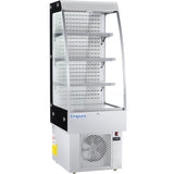 A stainless steel open air merchandiser with three wire shelves, a vented cooling unit at the base, and the Empura brand on the front. Clear glass sides and front provide full product visibility in this sleek refrigerated display.
