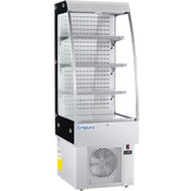 A stainless steel open air merchandiser with three wire shelves, a vented cooling unit at the base, and the Empura brand on the front. Clear glass sides and front provide full product visibility in this sleek refrigerated display.
