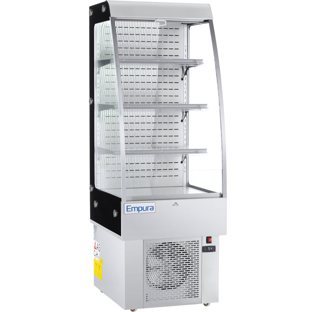 A stainless steel open air merchandiser with three wire shelves, a vented cooling unit at the base, and the Empura brand on the front. Clear glass sides and front provide full product visibility in this sleek refrigerated display.