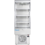 A commercial open-air merchandiser refrigerator with four empty metal shelves, a vented cooling unit at the bottom, digital temperature display, and the Empura brand name. The stainless steel interior features perforated side and back panels.