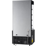 A commercial Empura refrigeration unit viewed from the back, featuring a metallic panel covering most of the upper section. The lower part reveals cooling components and a ventilation grill, with a black power cord and warning labels on the right side.