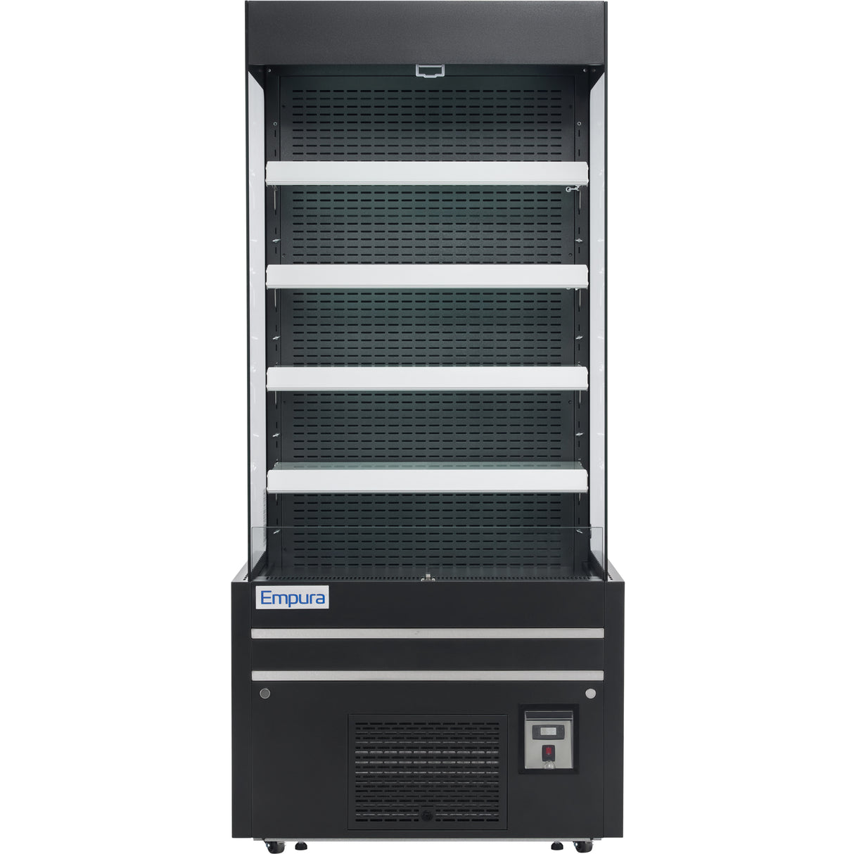A black Empura refrigeration display case with four empty horizontal shelves, vented bottom section, control panel, and Empura label on the front. This open air merchandiser stands against a plain white background.
