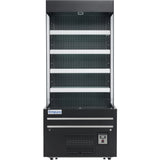 A black Empura refrigeration display case with four empty horizontal shelves, vented bottom section, control panel, and Empura label on the front. This open air merchandiser stands against a plain white background.